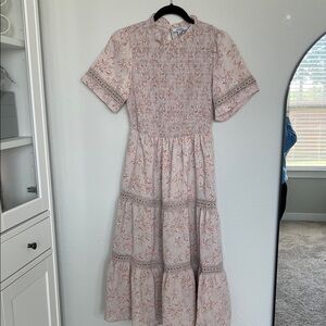 Polagram Floral Smocked Nude Midi Dress